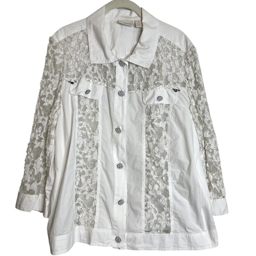 Chicos Womens Lace Panel Button Up Long Sleeve Shirt XL White